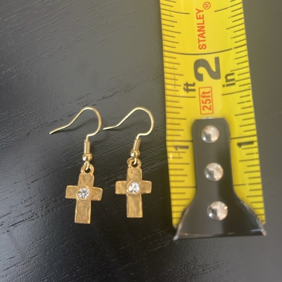 NWT Gold Cross Dangle Earrings with Clear Rhinestone - Handmade - Picture 4 of 5